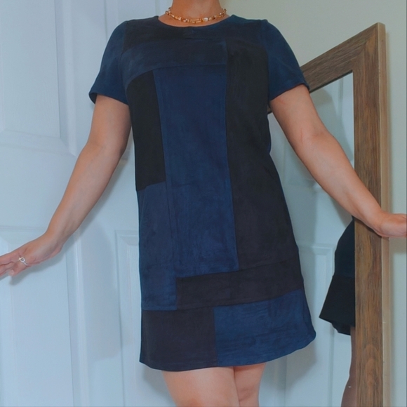 Design Lab Lord Taylor Small A Line Mini Dress Blue Black Faux Suede Patchwork - Picture 1 of 7